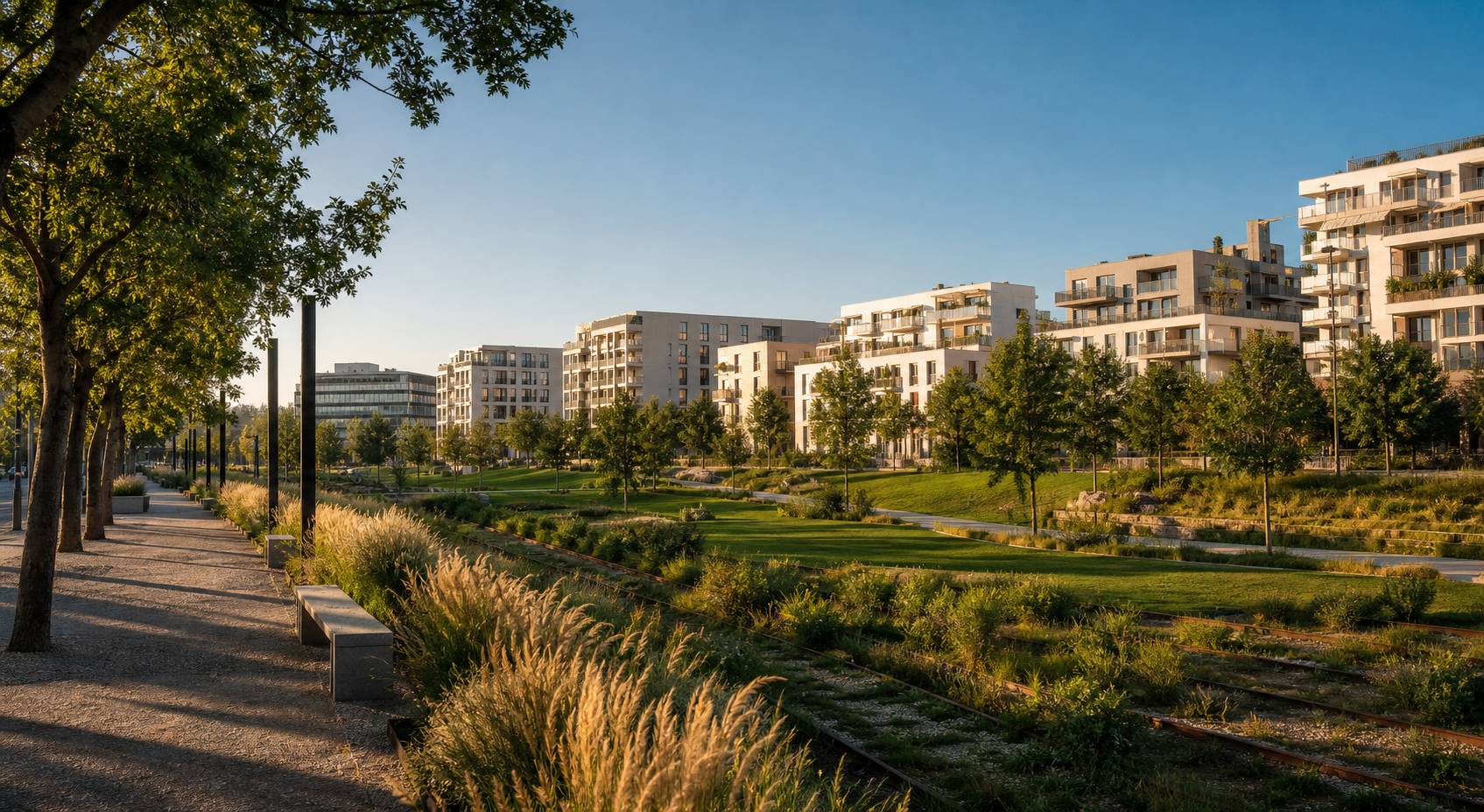 Ancienne friche ferroviaire de Clichy-Batignolles réaménagée en quartier moderne avec un grand parc central