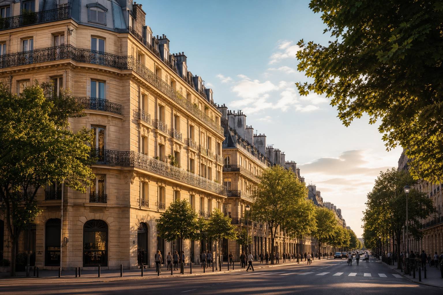 Quartier haussmannien parisien avec immeubles en pierre de taille, balcons filants et toits mansardés