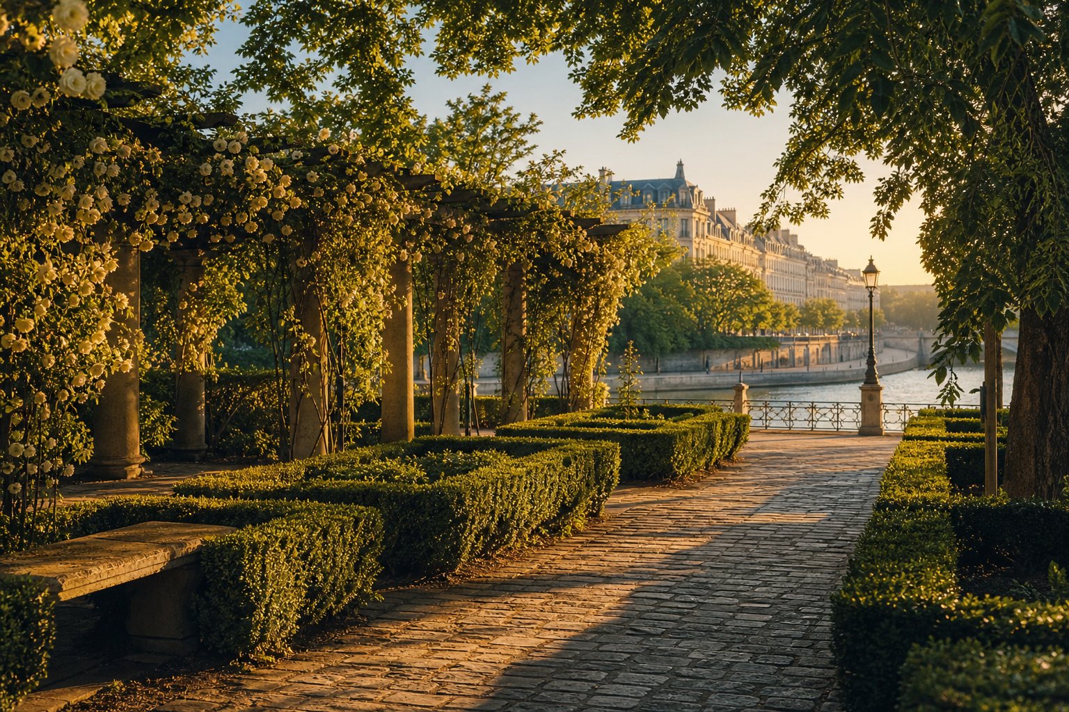 Alle buis taillis banc en pierre pergola jardin parisien cache bord eau