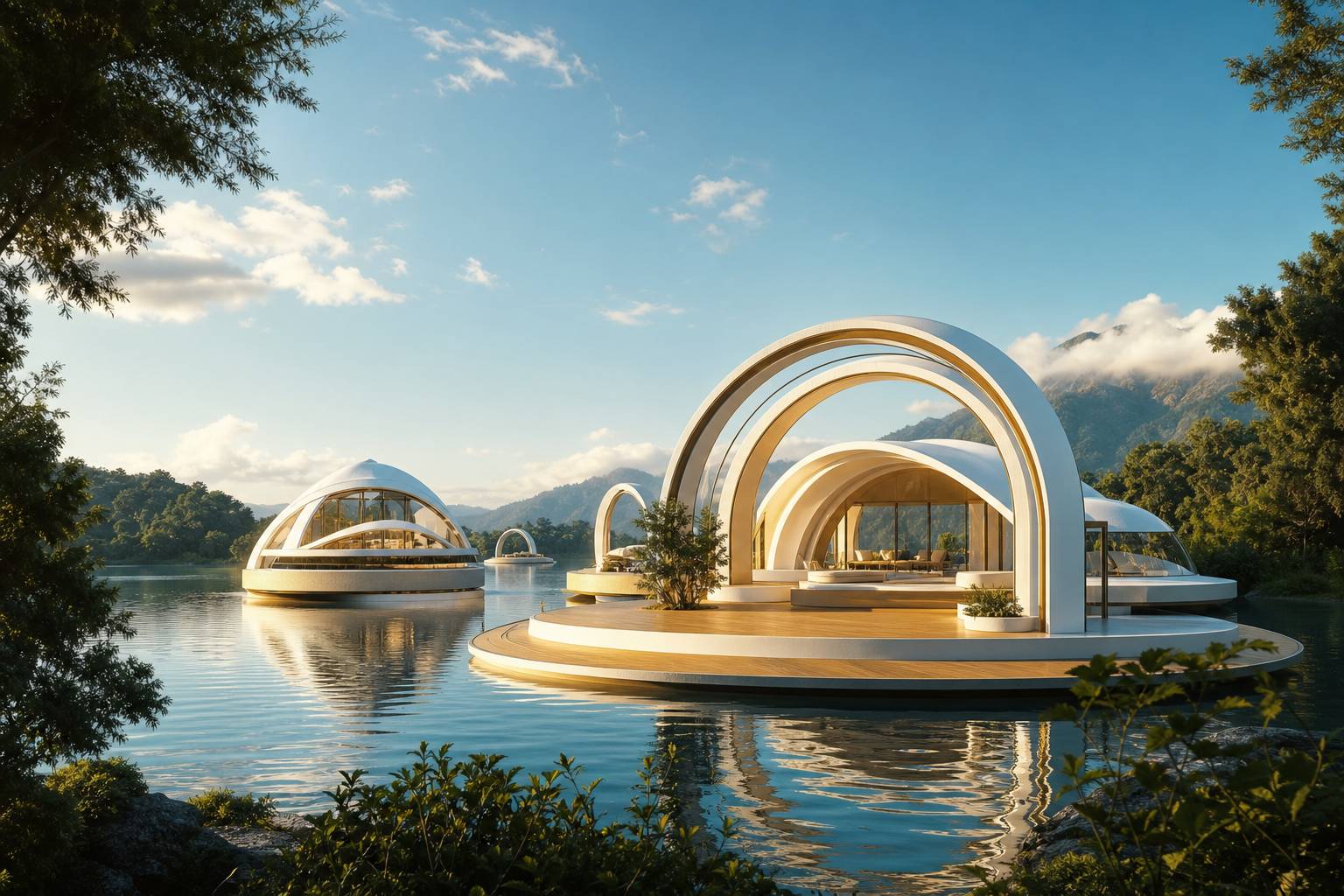 Arcade futuriste flottant sur un lac reflet dans l'eau paysage serein