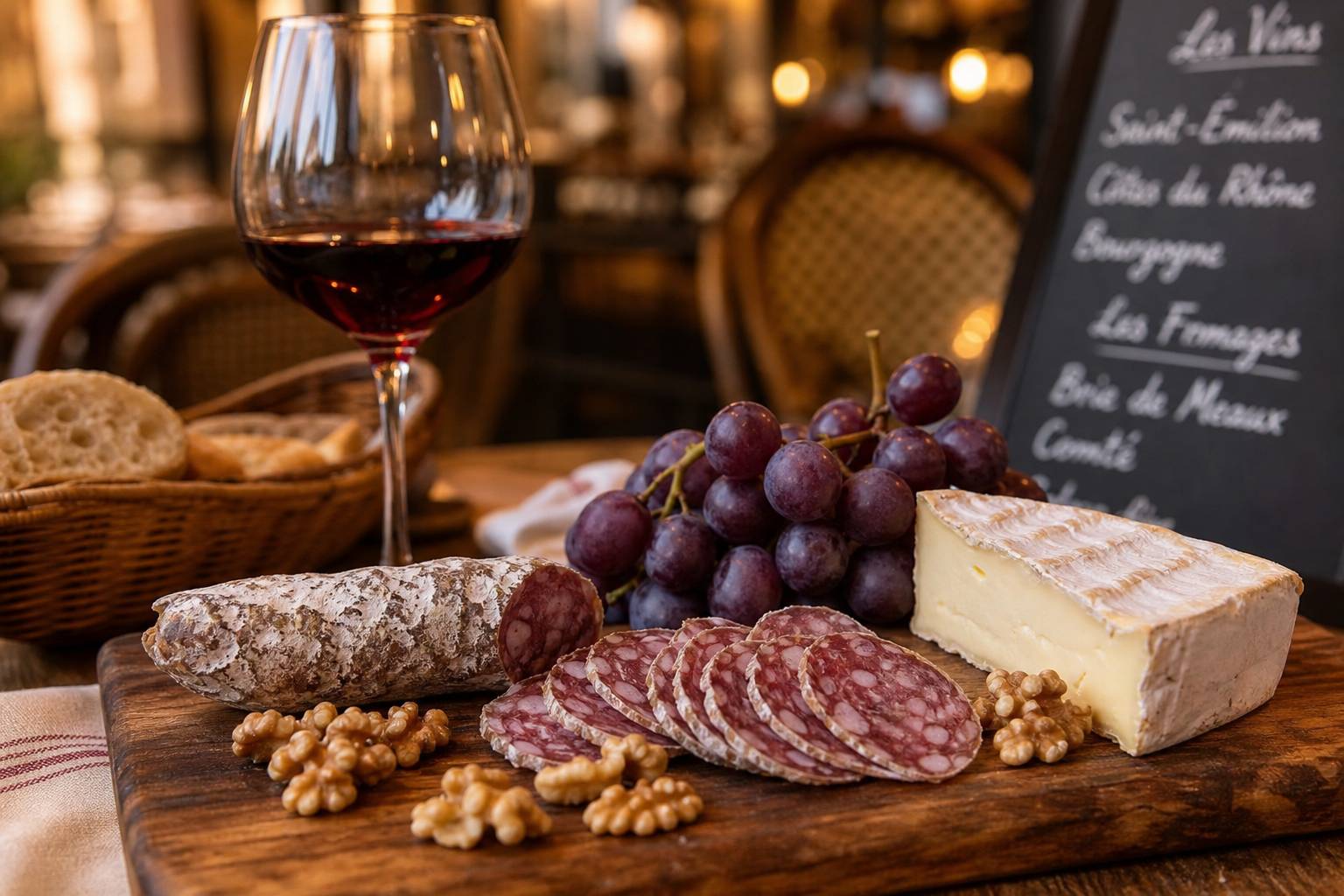 Assortiment apéritif français avec saucisson brie fromage raisins noix et vin rouge