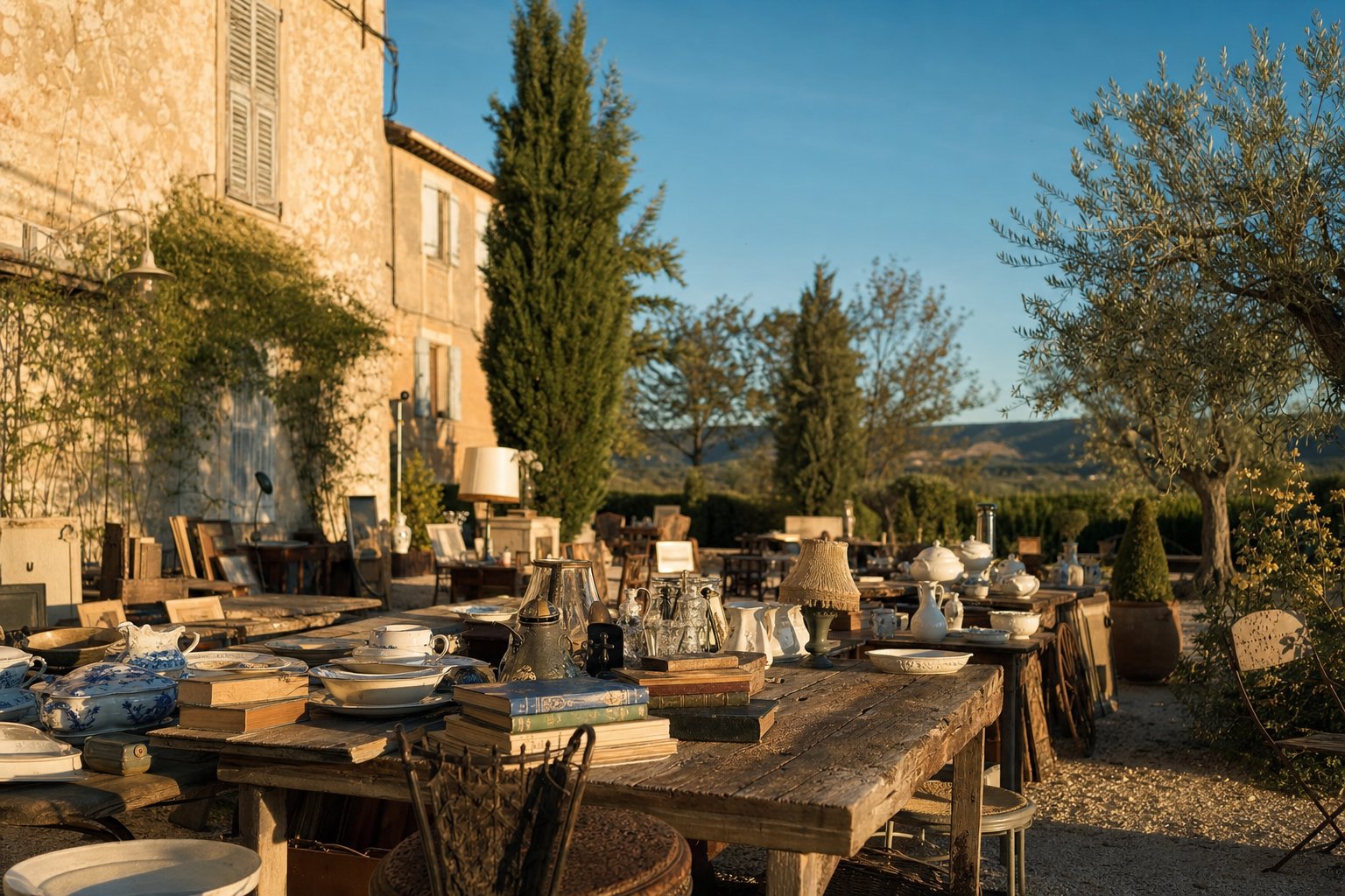 Longues tables de brocante provenant des environs de Marseille avec vaisselle ancienne et livres
