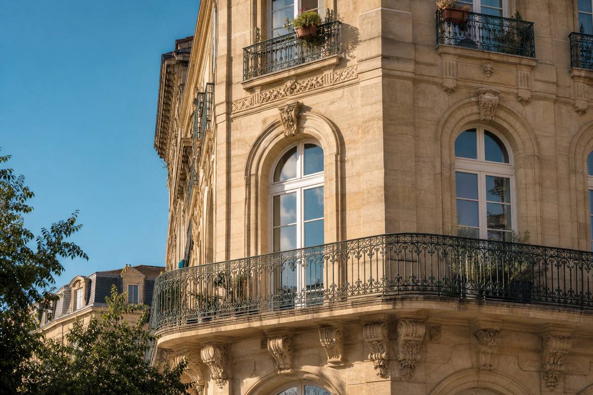 Facade du Chateau Descas avec fenetres en arcade et balcon en ferronnerie