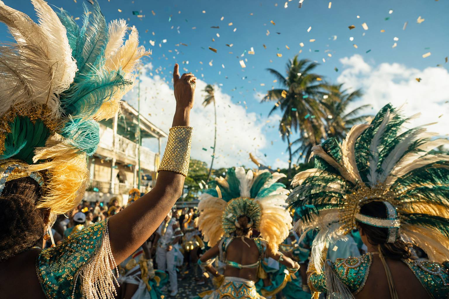 Costumes antillais traditionnels aux plumes colorées lors du carnaval de Montpellier