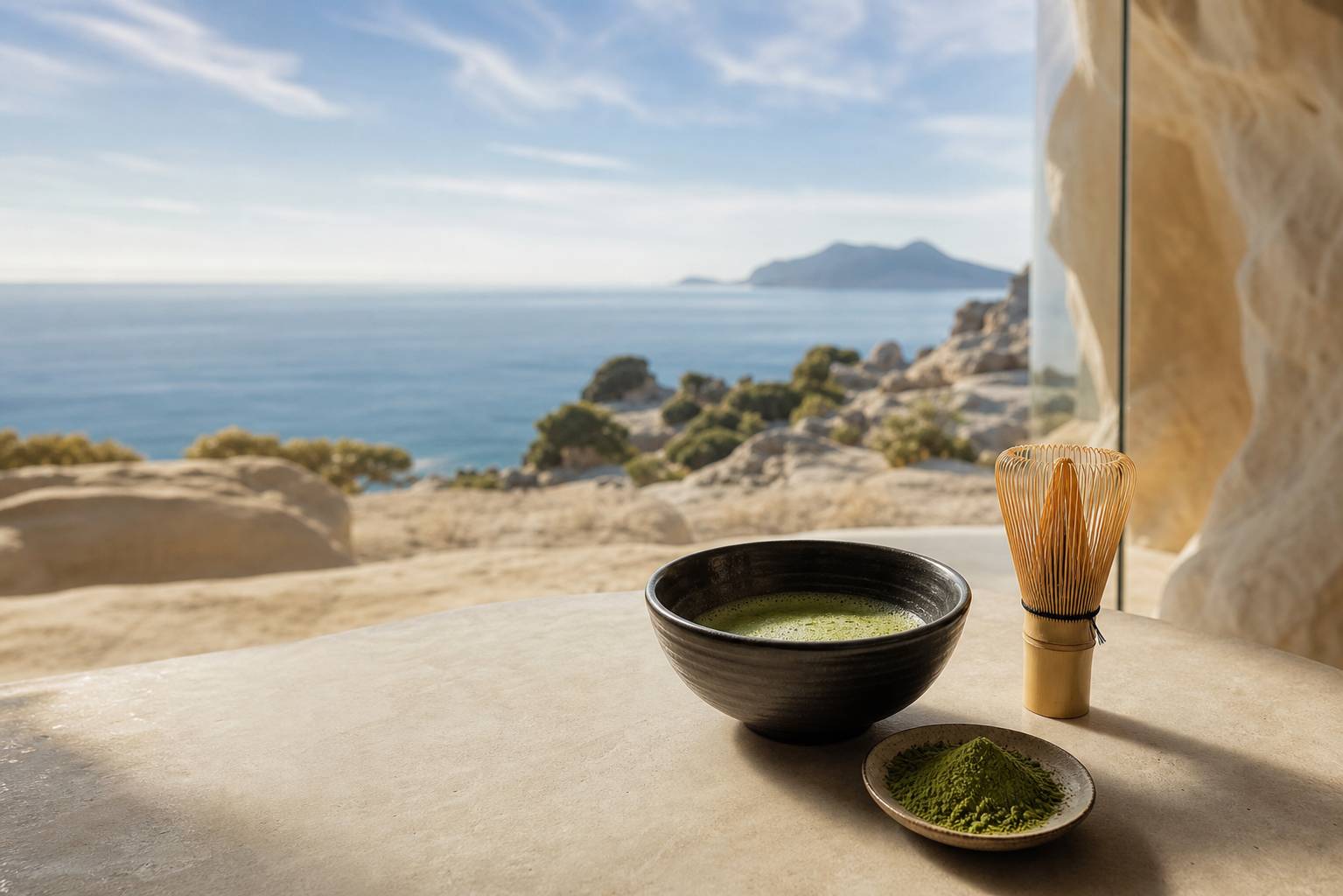Bol de matcha vert mousseux avec fouet en bambou et céramique noire