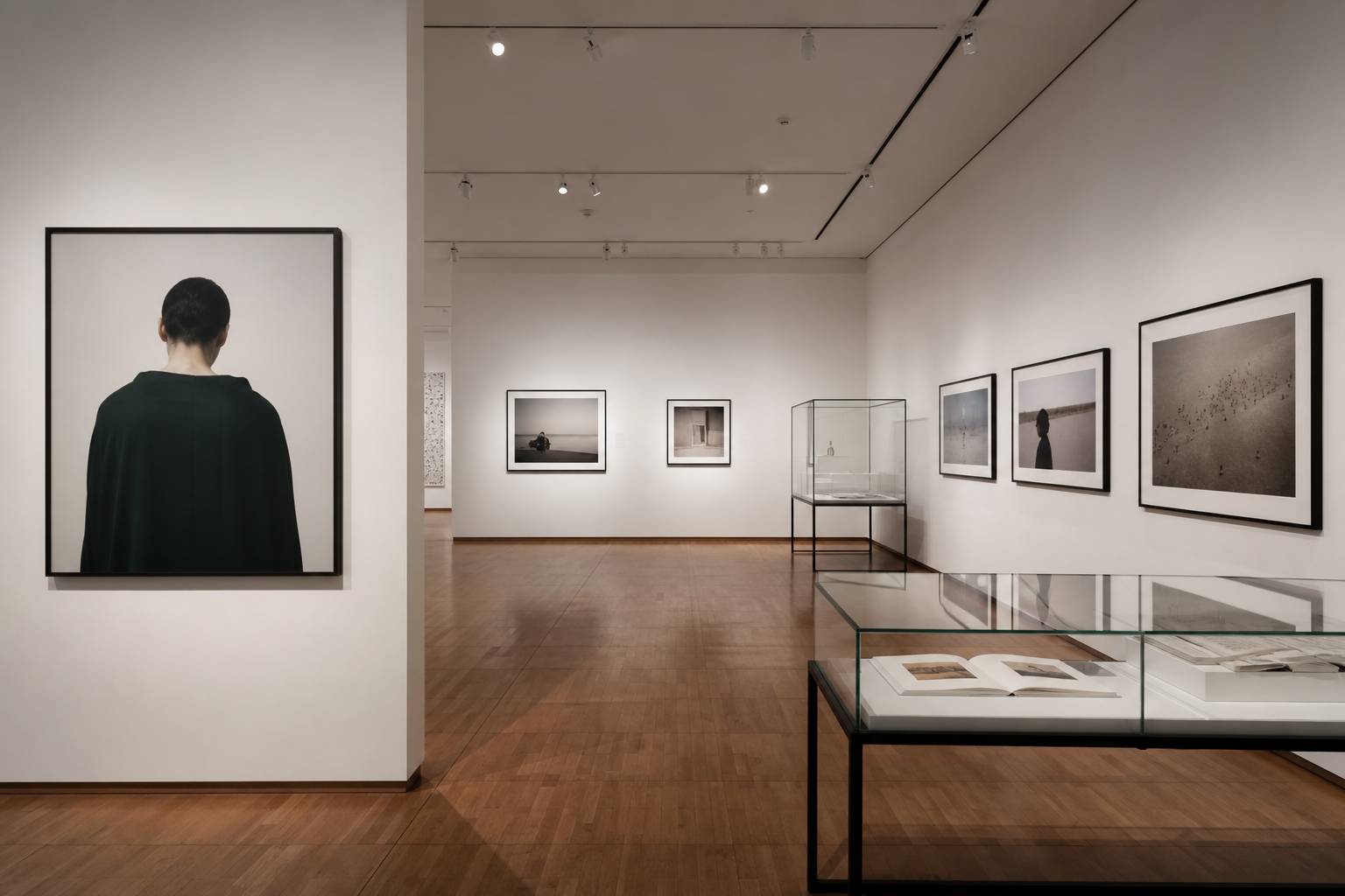 Espace museal avec photographies encadrees au mur blanc et vitrines d'exposition en verre