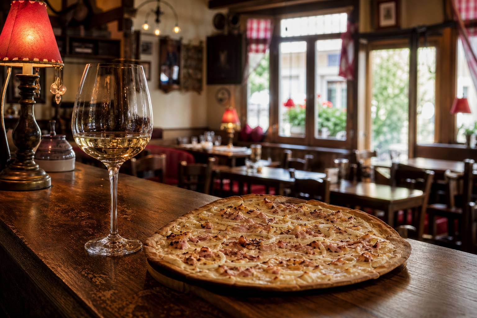 Intérieur de café alsacien traditionnel avec comptoir en bois et tarte flambée