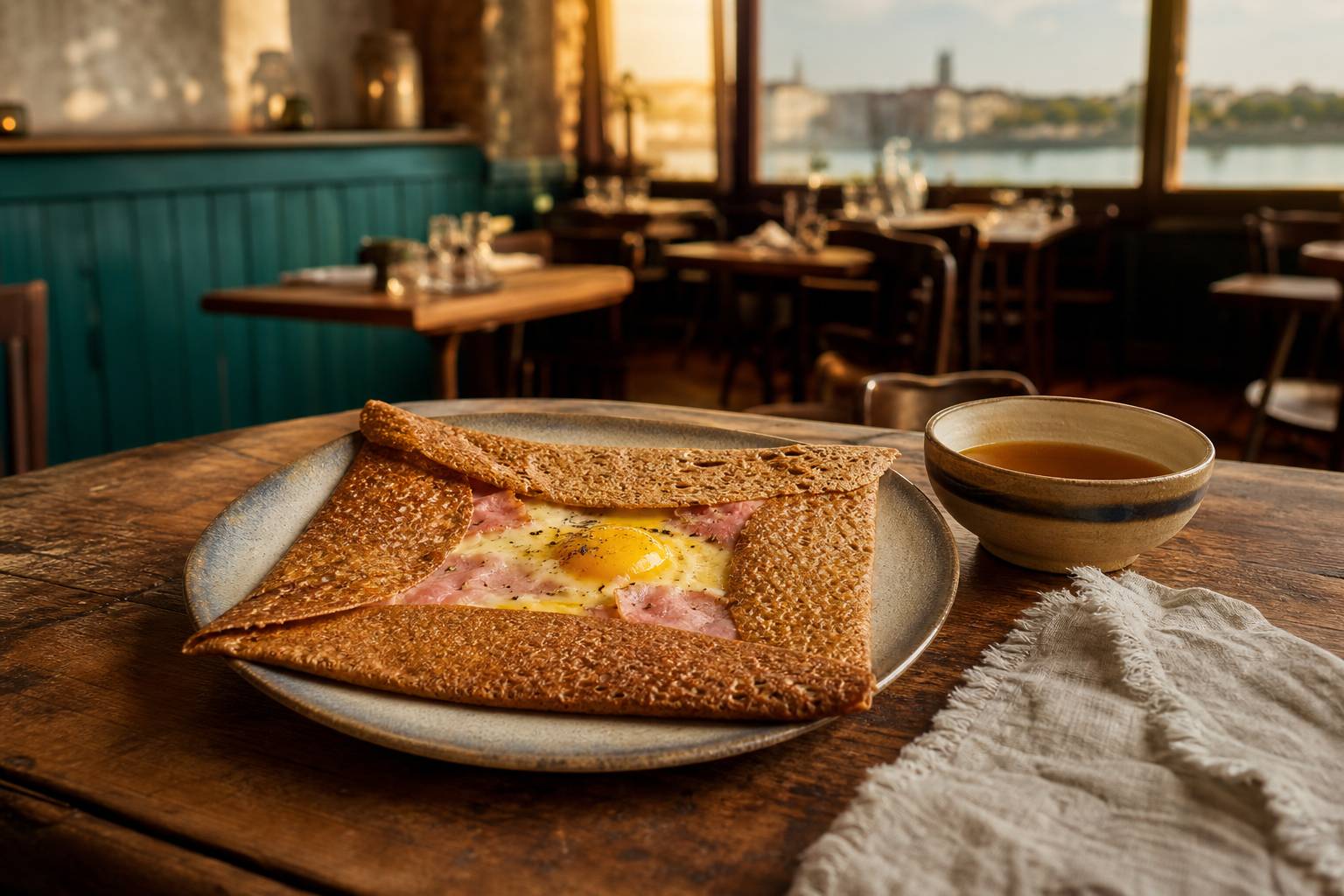 Galette complete servie dans une creperie a Nantes avec cidre