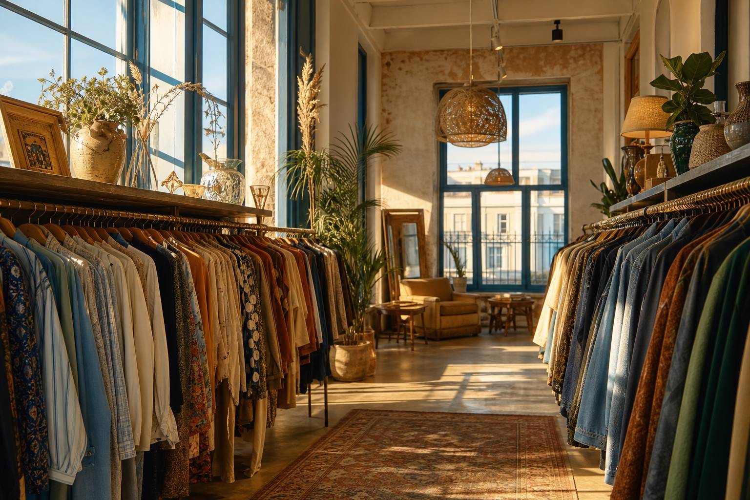 Rayonnage de vêtements vintage organisés dans une friperie, mode d'occasion bohème