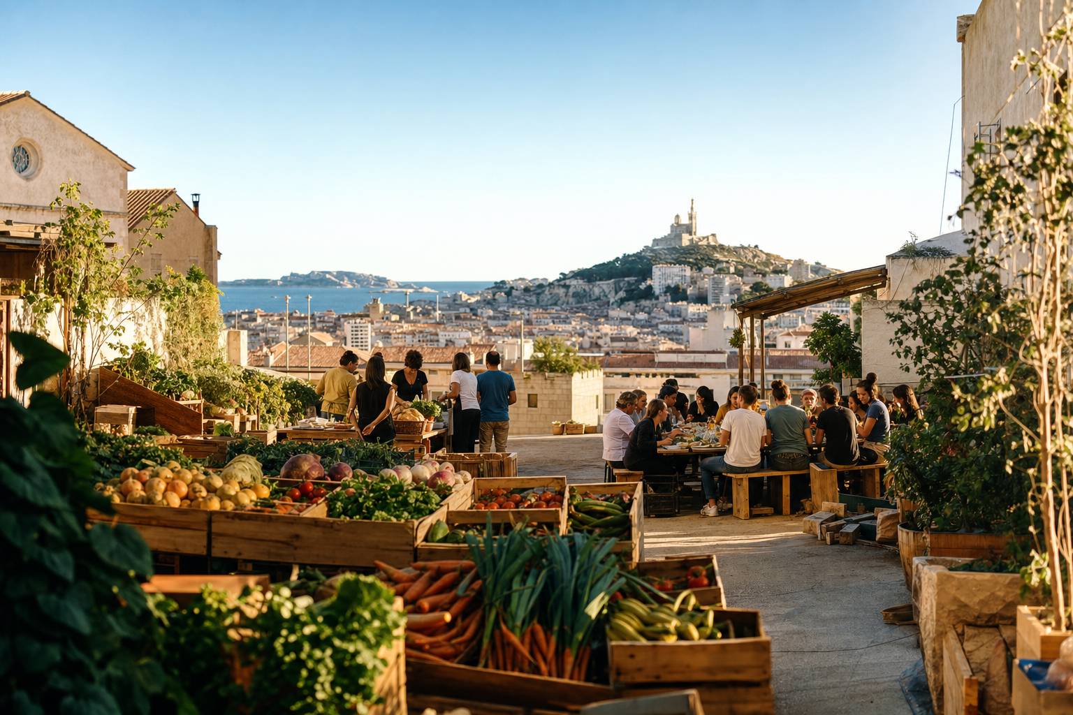 Marche alimentaire et cantine anti-gaspi a Marseille ambiance conviviale