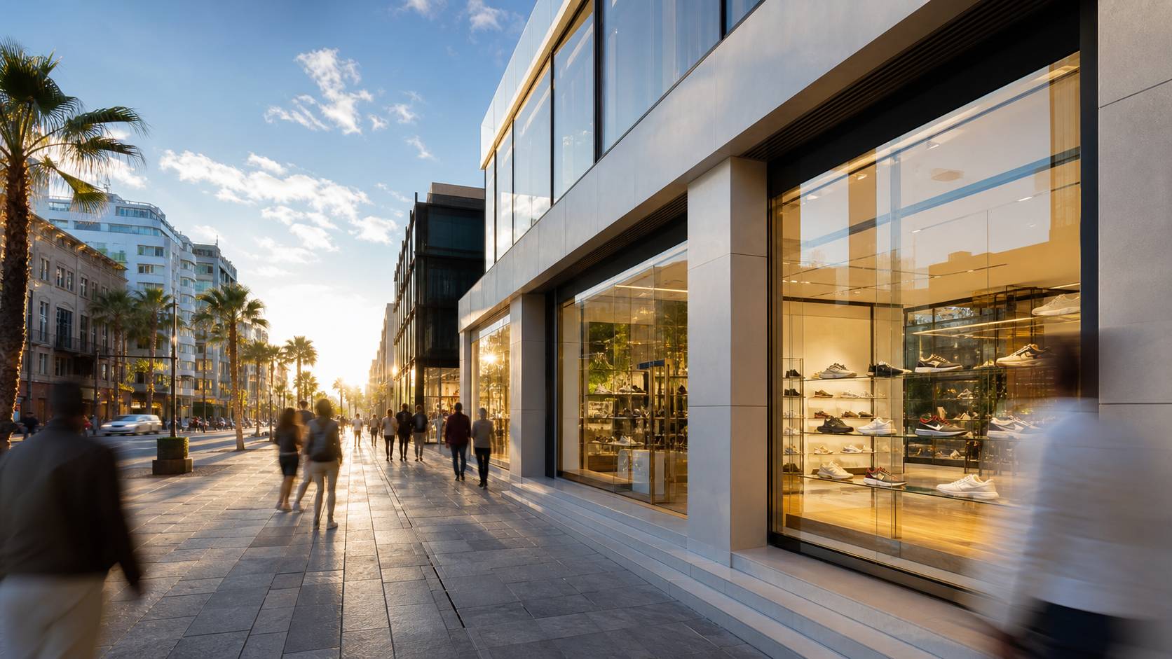 Devanture lumineuse de magasin de sport dans une rue commerçante animée