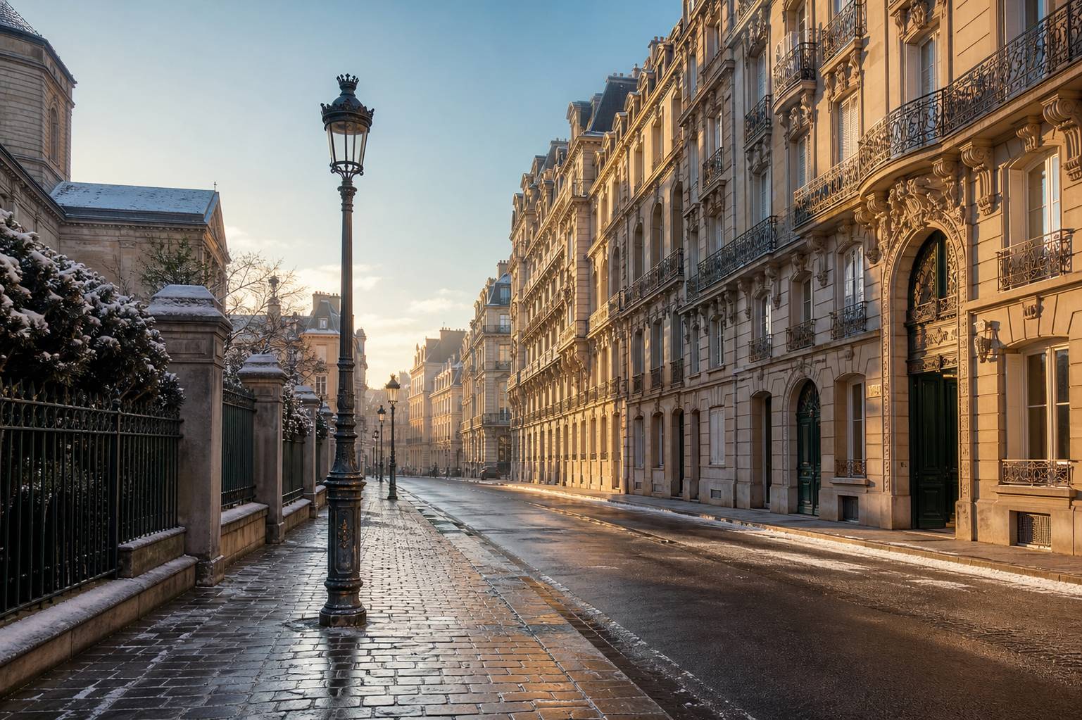 Rue parisienne historique avec immeubles haussmanniens et lampadaire ancien
