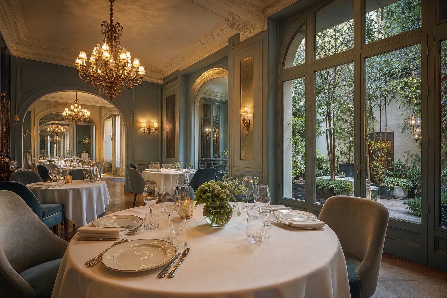 Salle de restaurant gastronomique à Bordeaux avec nappes blanches et chandeliers