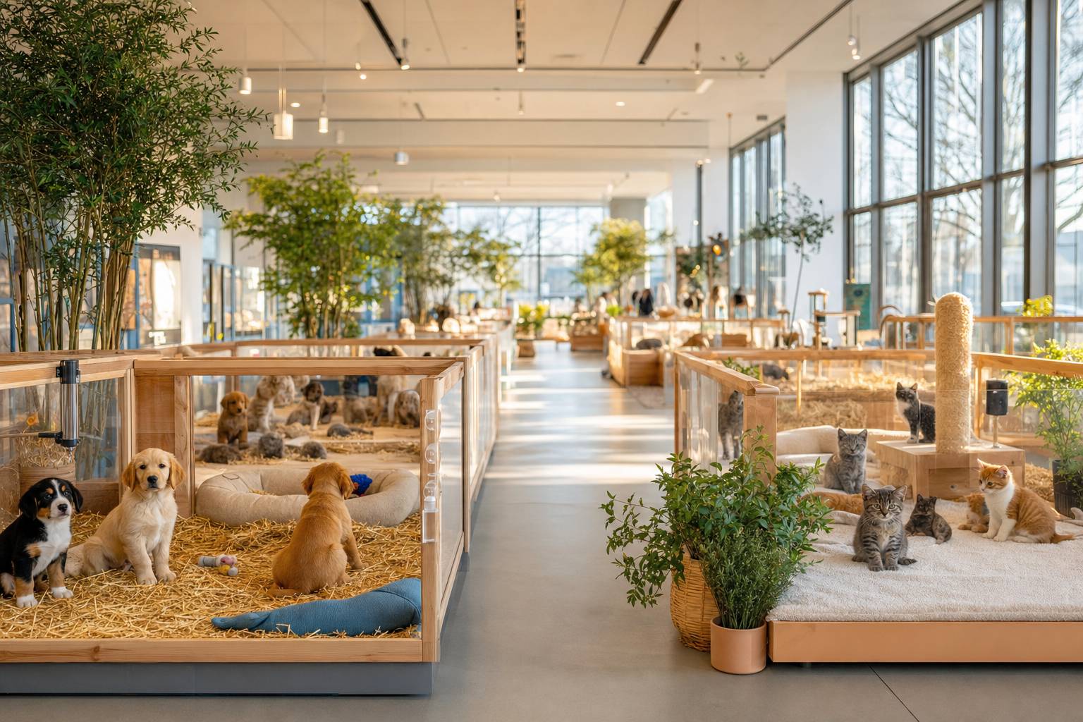 Exposition de races de chiots et chatons dans un hall moderne avec boxes d'élevage accueillants