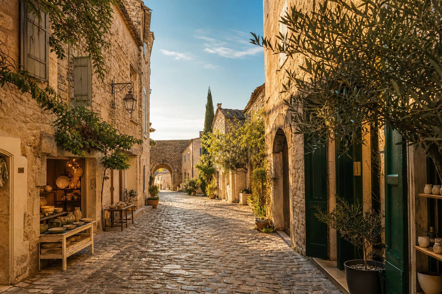 Ruelle pavée médiévale à Avignon avec boutiques d'artisanat en pierre dorée