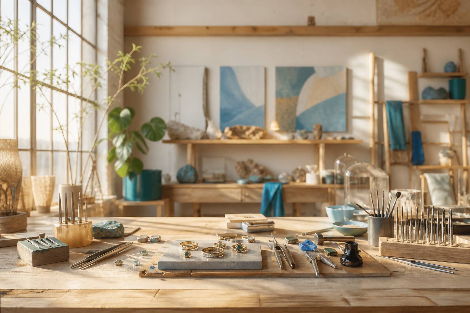 Etabli de createur de bijoux avec outils de joaillier, loupe et pierres precieuses