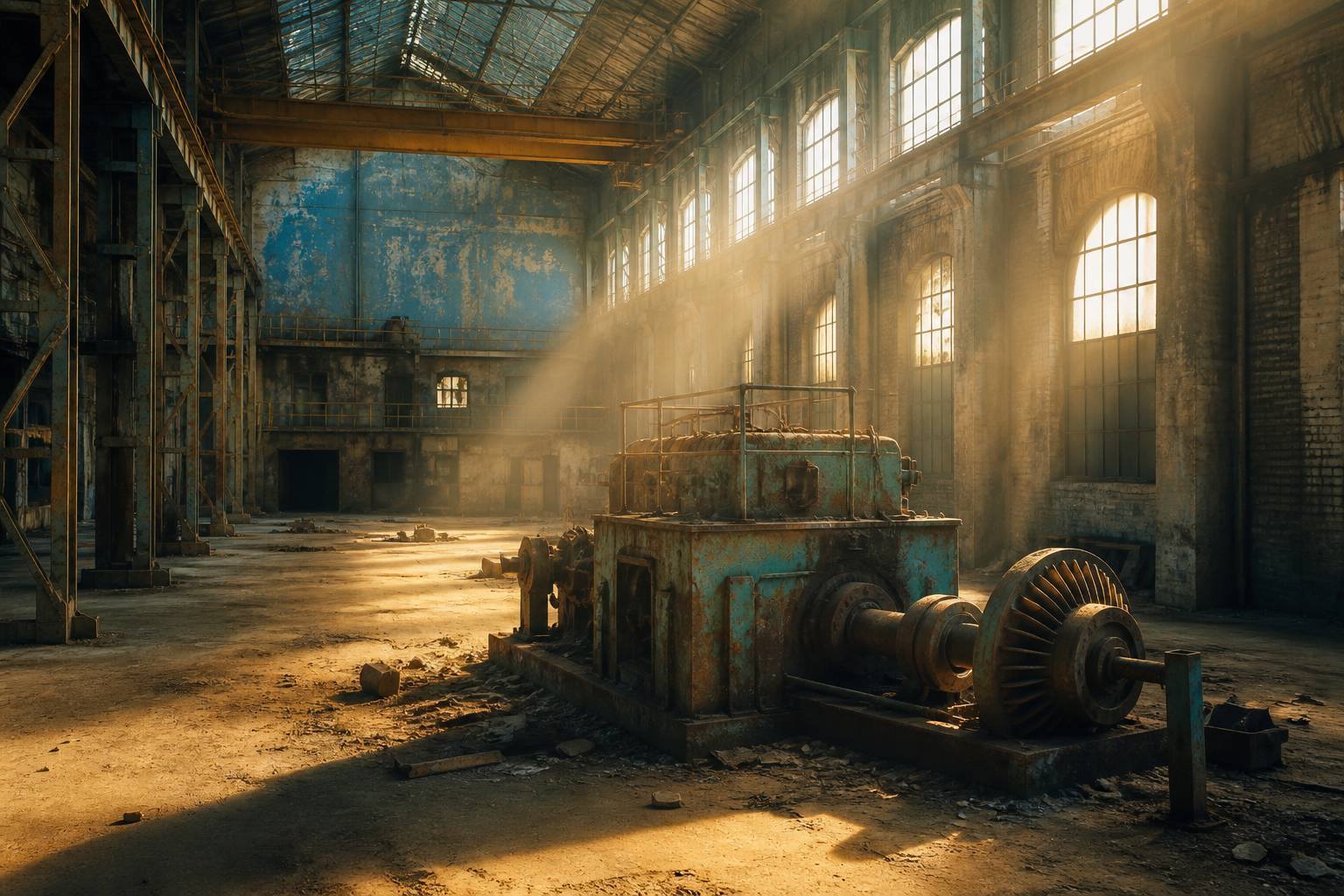 Intérieur d'usine abandonnée avec machine rouillée et rais de lumière