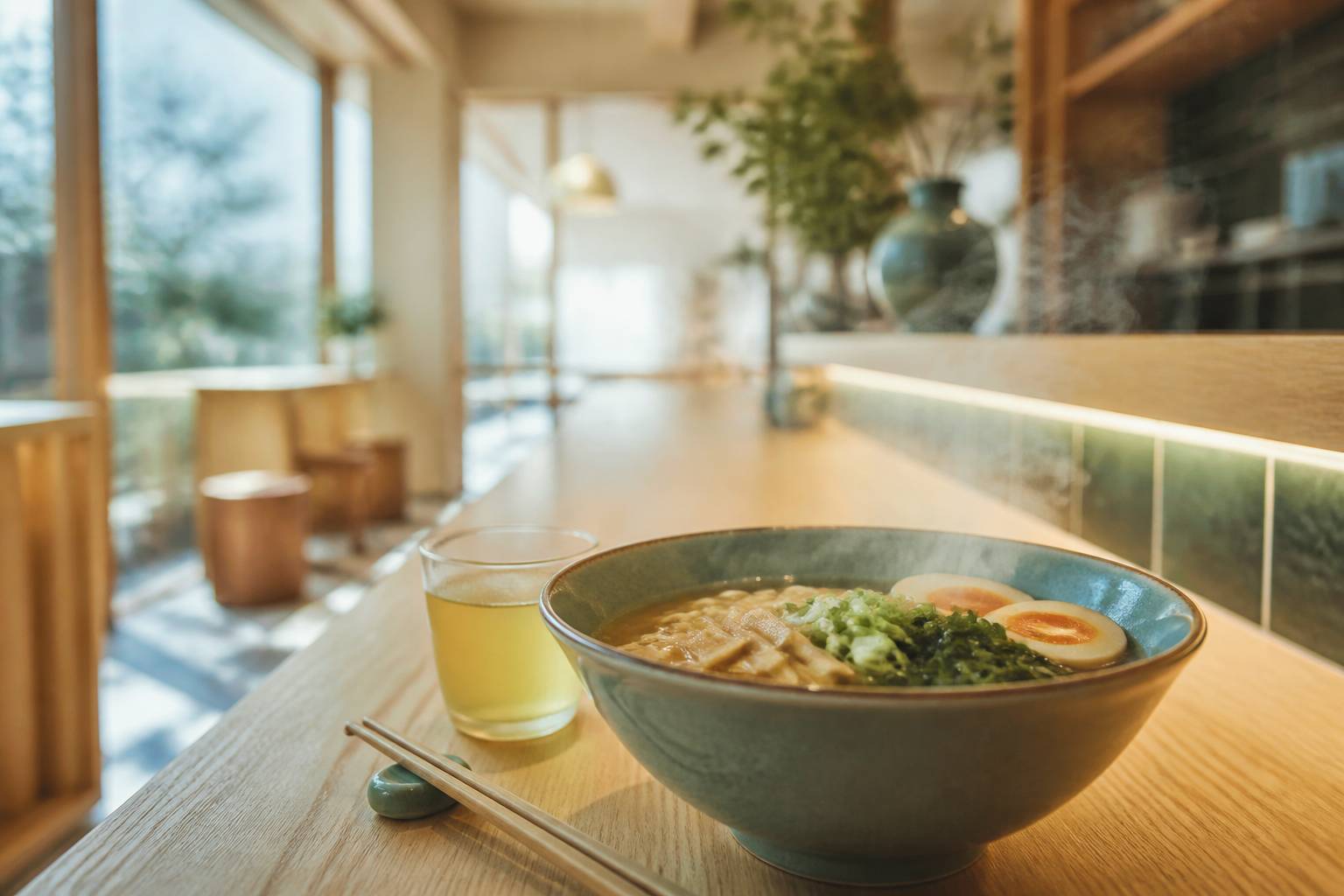 Bol de ramen fumant avec baguettes sur un comptoir en bois