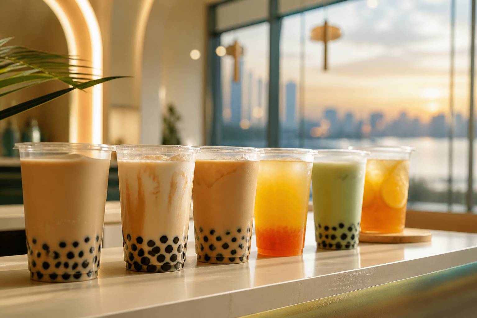 Gobelets de bubble tea alignés avec perles de tapioca et thé au lait
