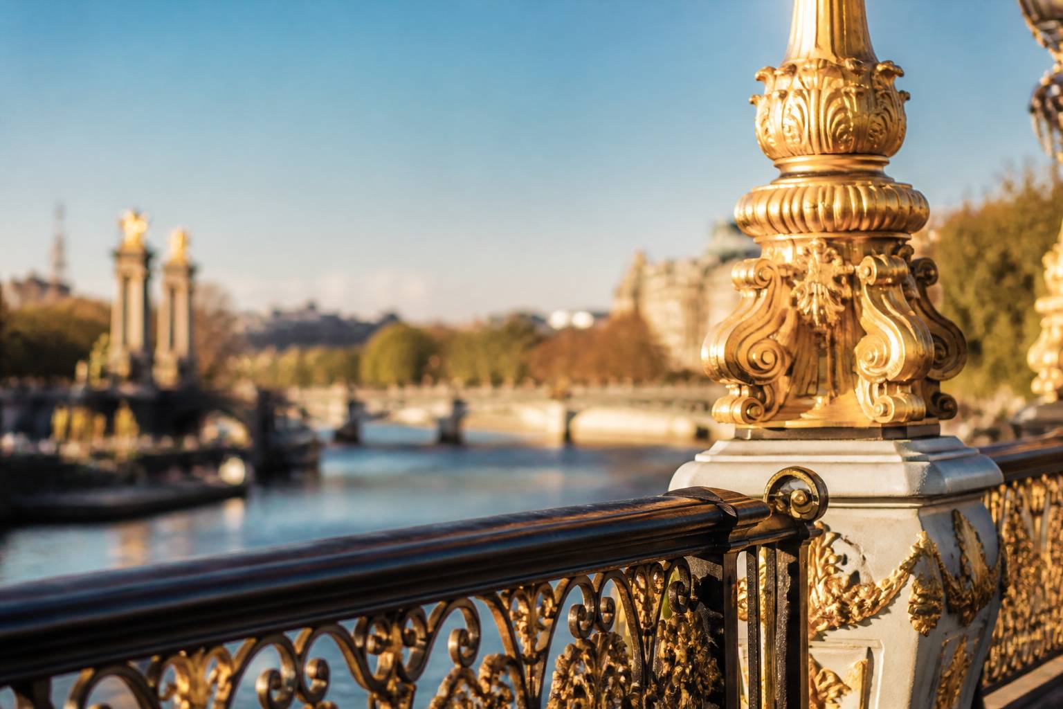 Candélabre doré et rampe en fer forgé du Pont Alexandre III avec la Seine en fond