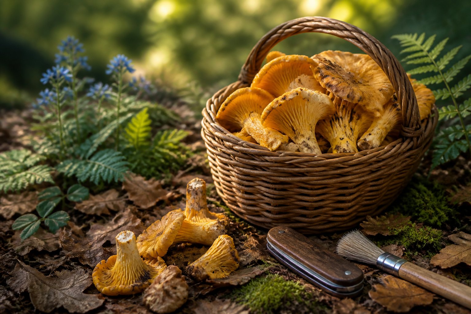 Panier en osier rempli de chanterelles posé sur des feuilles mortes