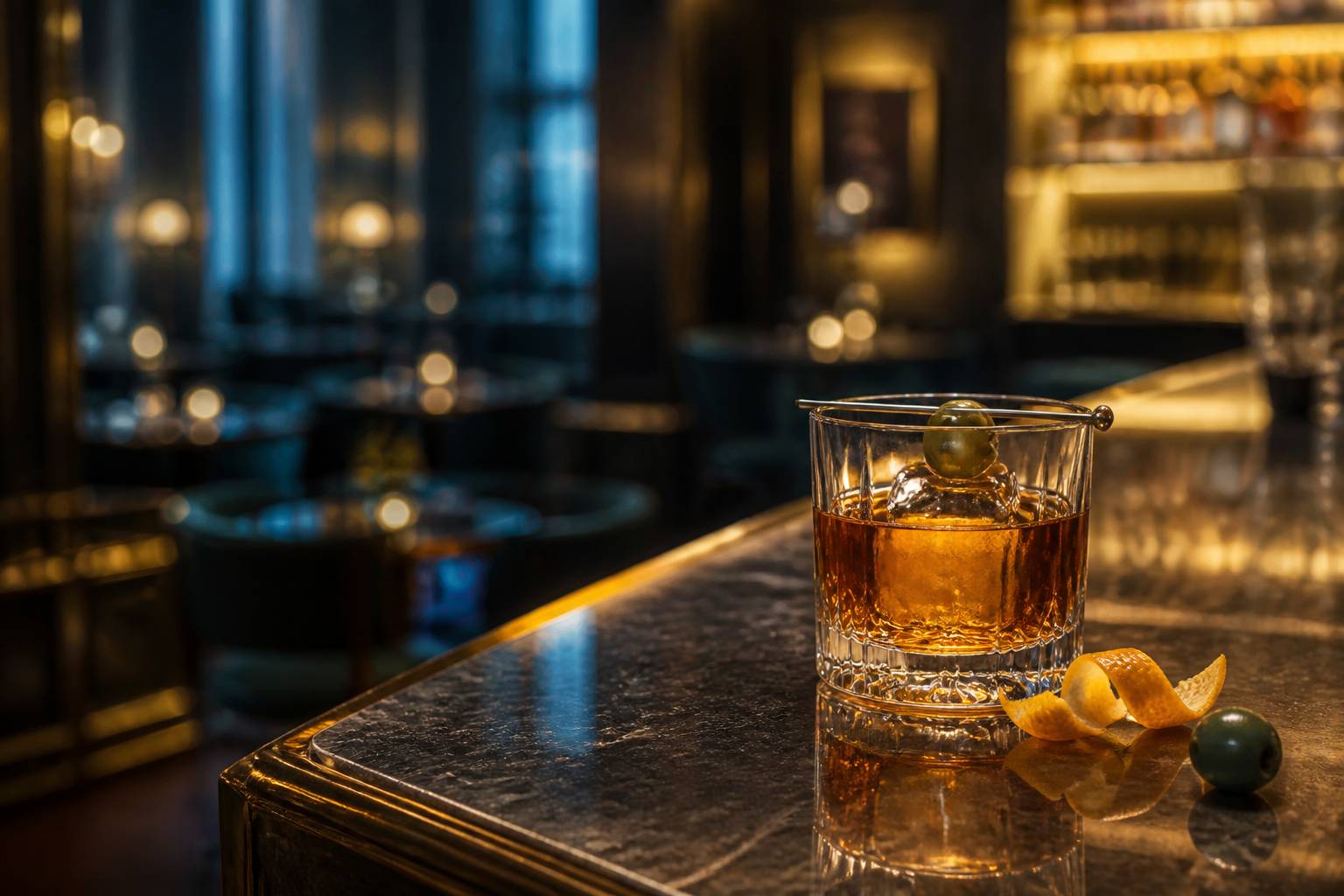 Cocktail ambré posé sur un comptoir de bar aux facettes de verre
