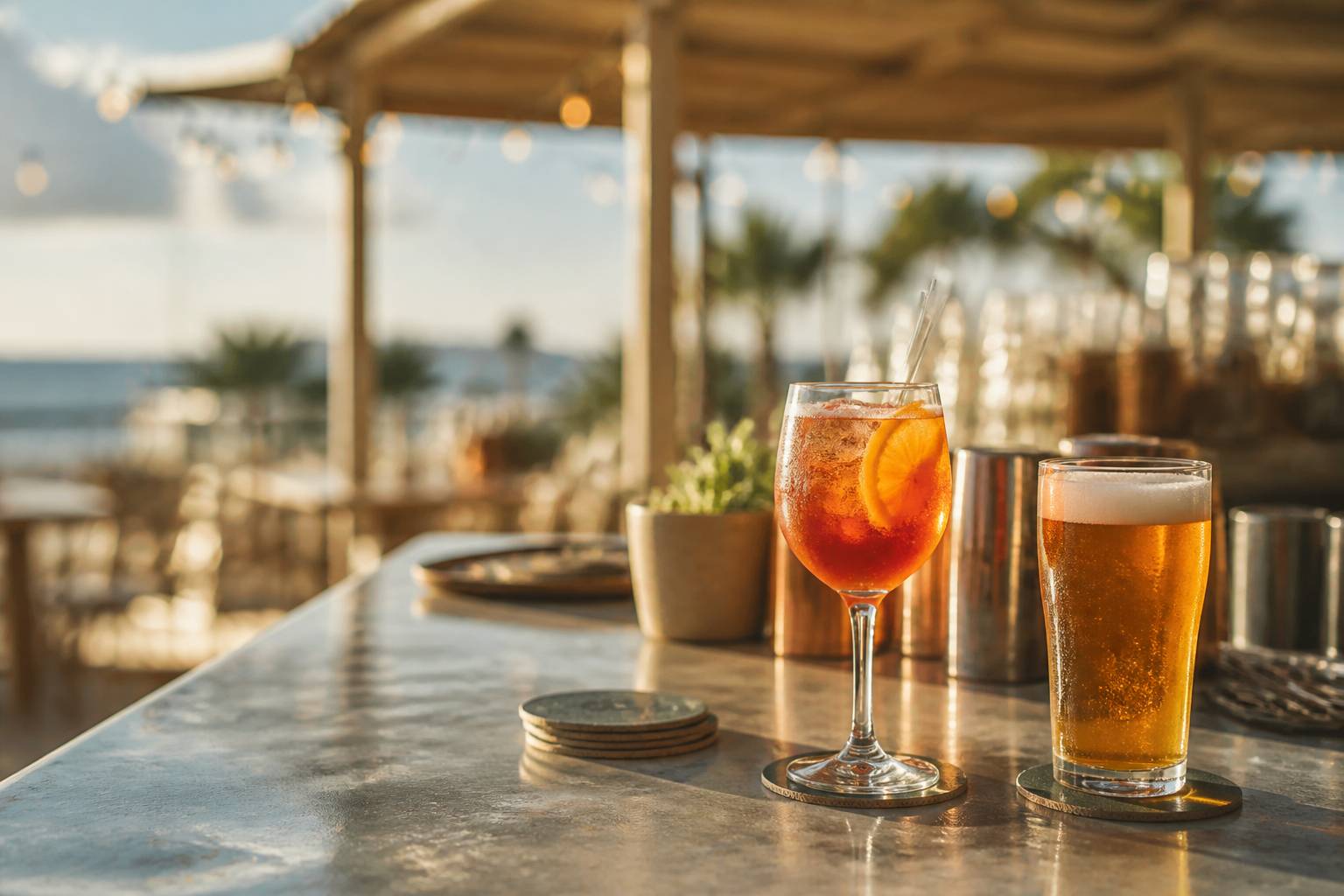 Cocktail et verre de bière posés sur un comptoir en zinc