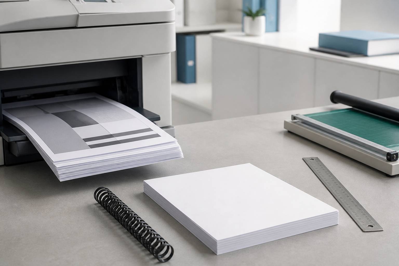 Comptoir d'imprimerie avec photocopies sortant du copieur, reliure spirale et massicot sur le plan de travail