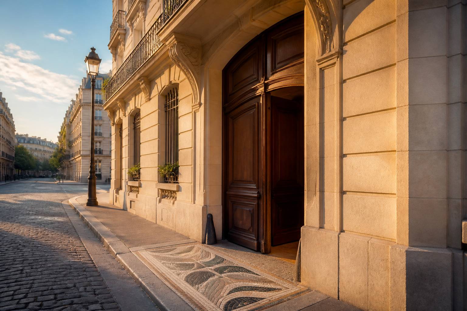 Porte cochère haussmannienne avec mosaïque et lampadaire ancien