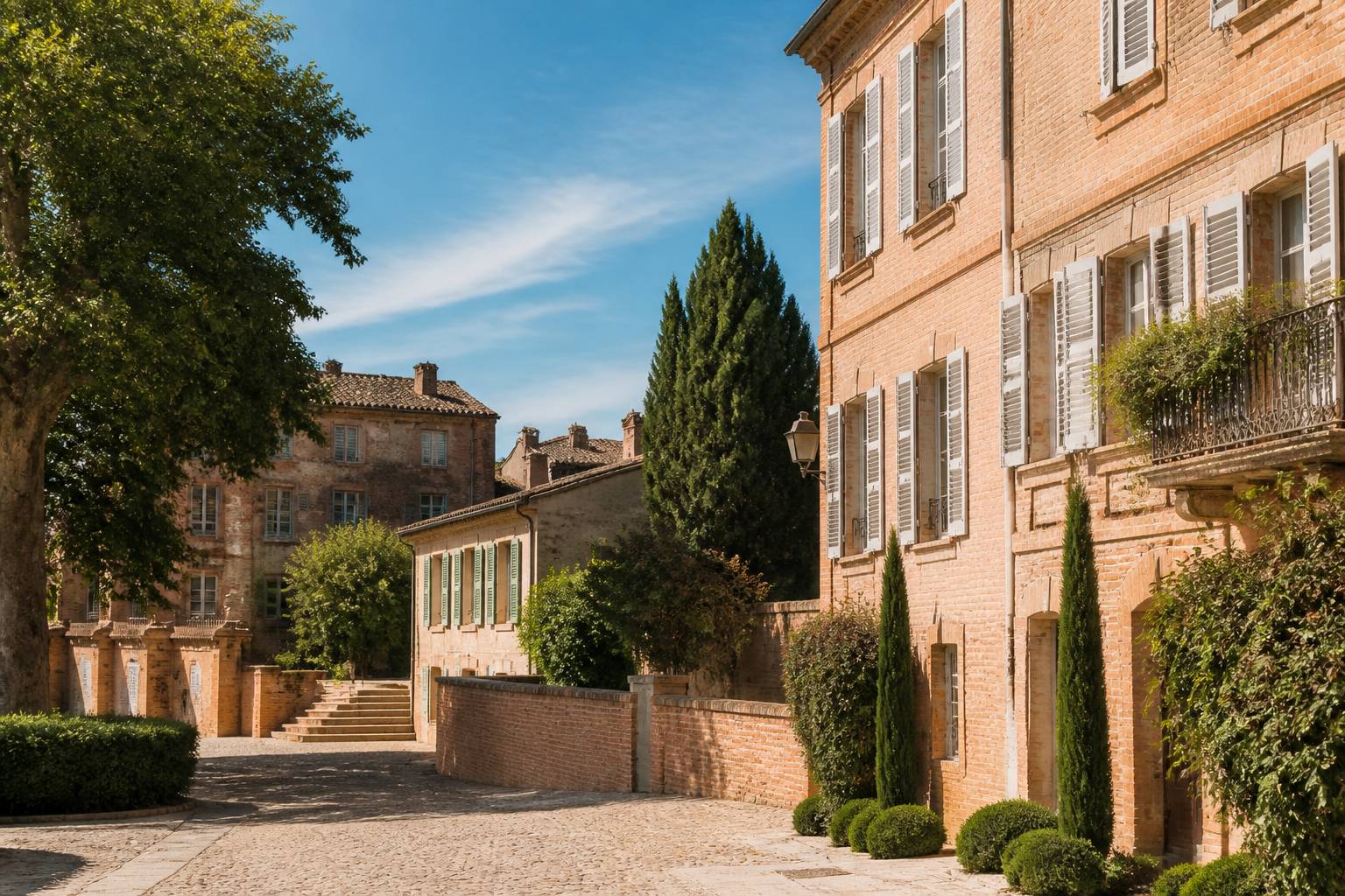 Façades de briques roses toulousaines au soleil