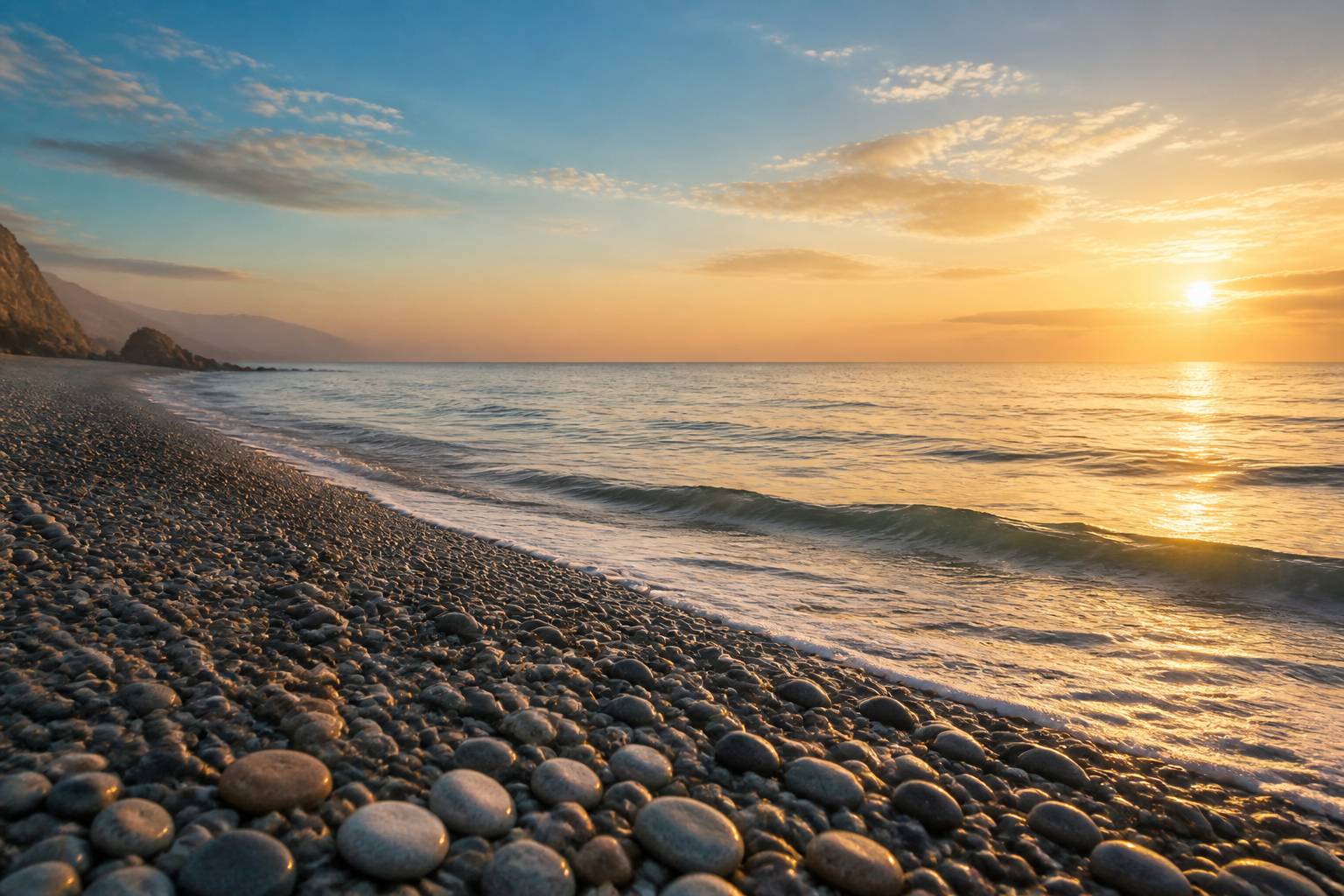 Galets et vagues au bord de la mer dans la lumiÚre dorée