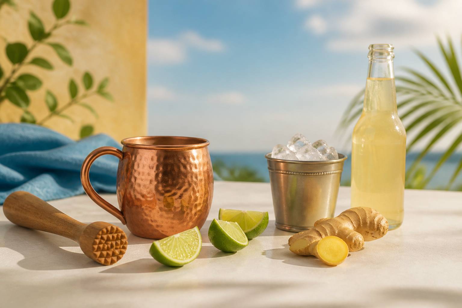 Préparation d'un Jamaican Mule avec gingembre frais, glaçons et citron vert sur un plan de travail