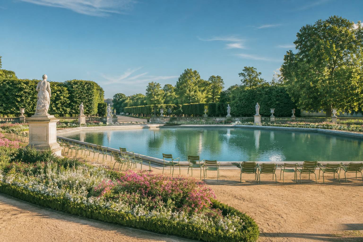 Bassin octogonal du jardin du Luxembourg bordé de chaises vertes et de statues