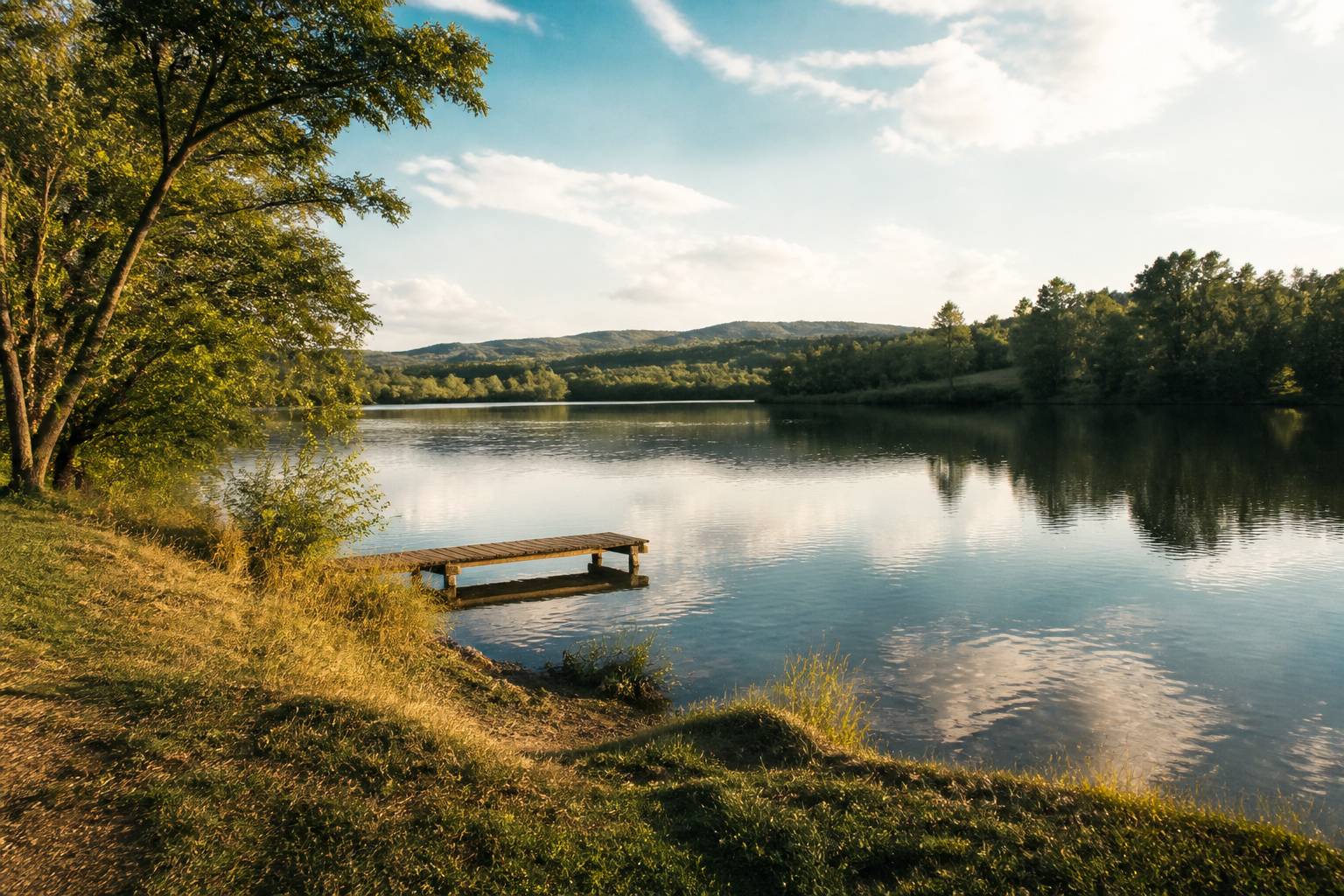 Berge herbeuse d'un lac avec ponton en bois et eau claire en été