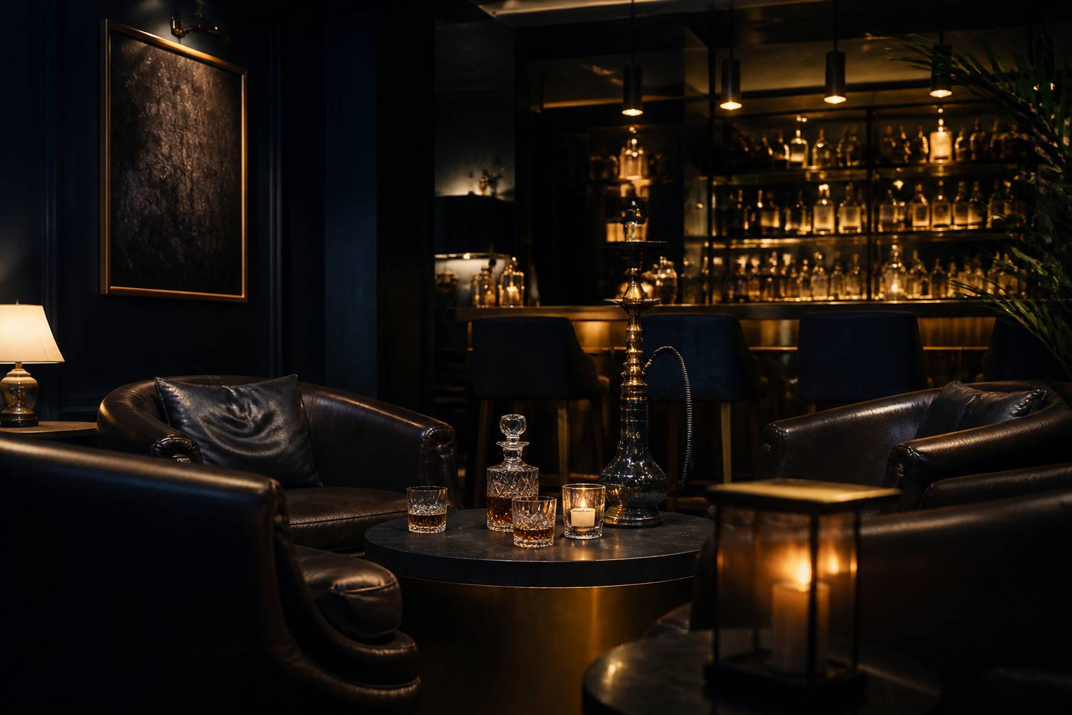 Lounge intimiste avec fauteuils profonds et bar en bois éclairé