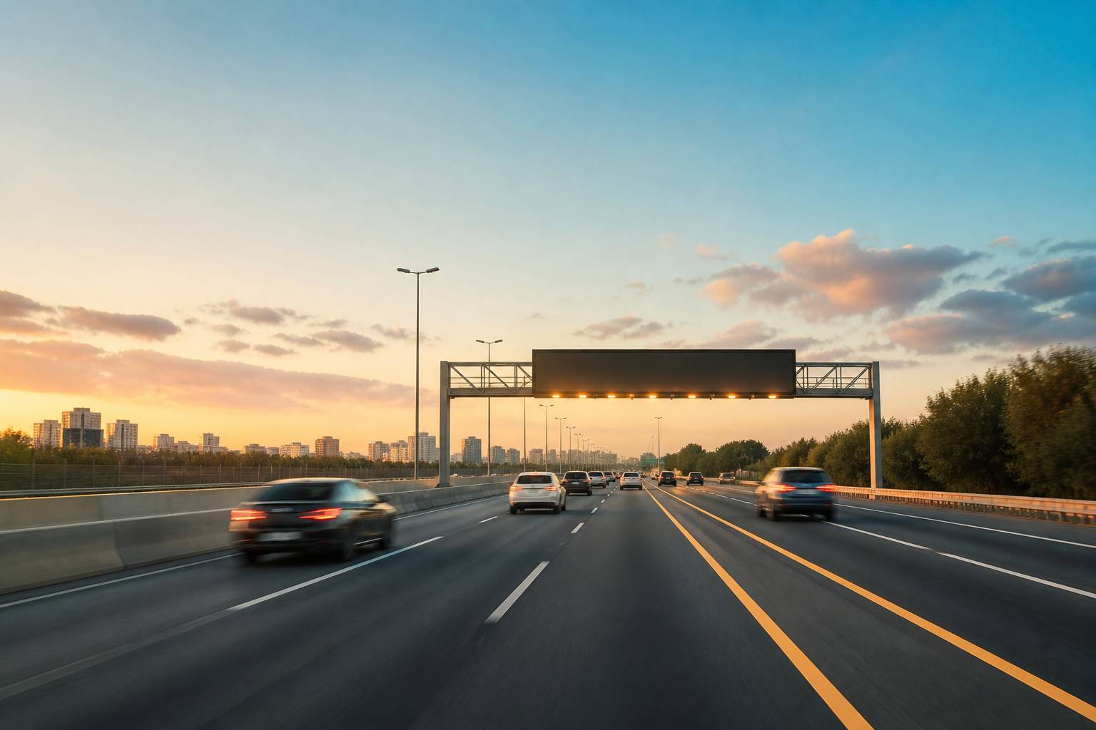 Voies d'autoroute urbaine avec marquage jaune et panneau lumineux