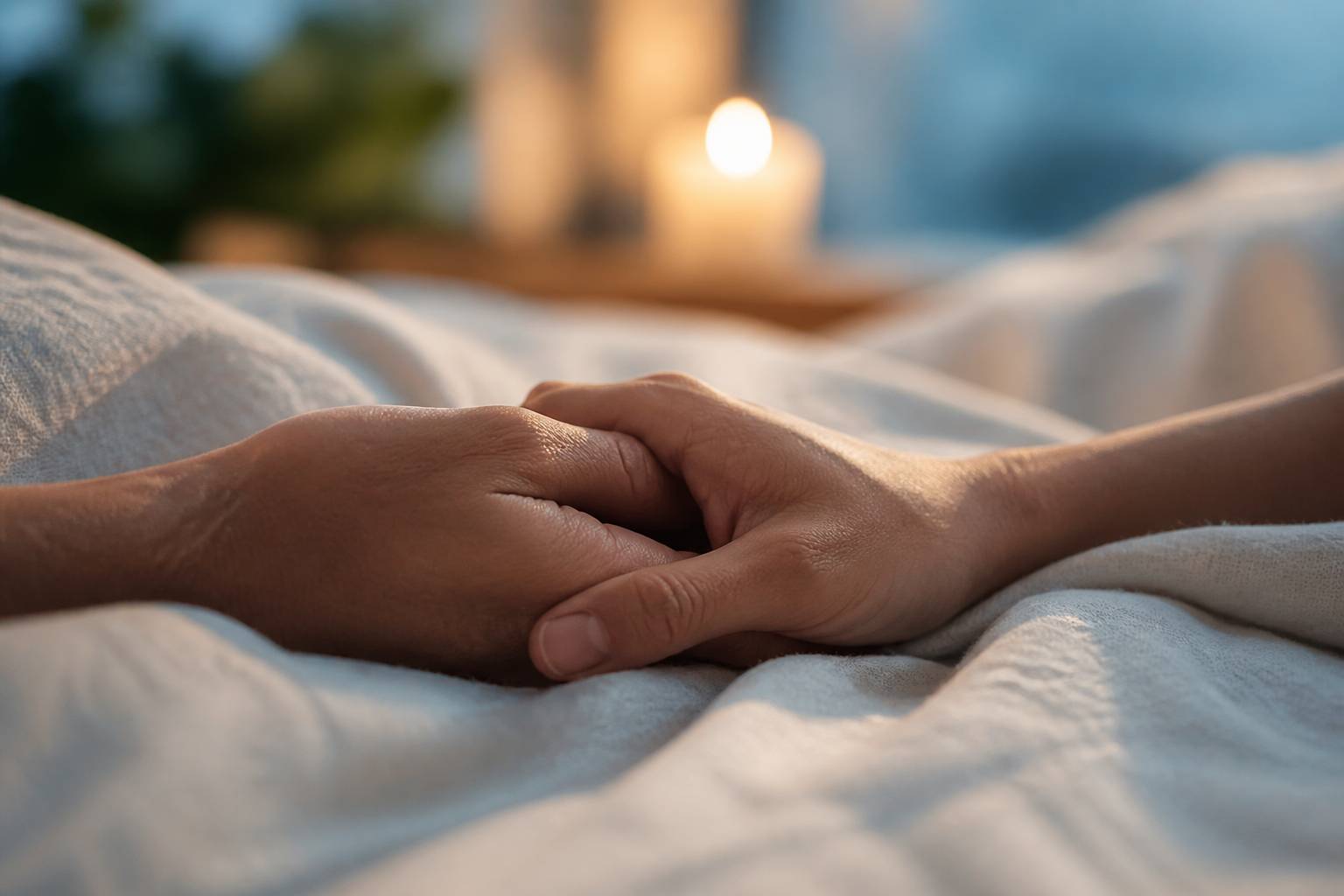 Deux mains qui se tiennent sur un drap en lin
