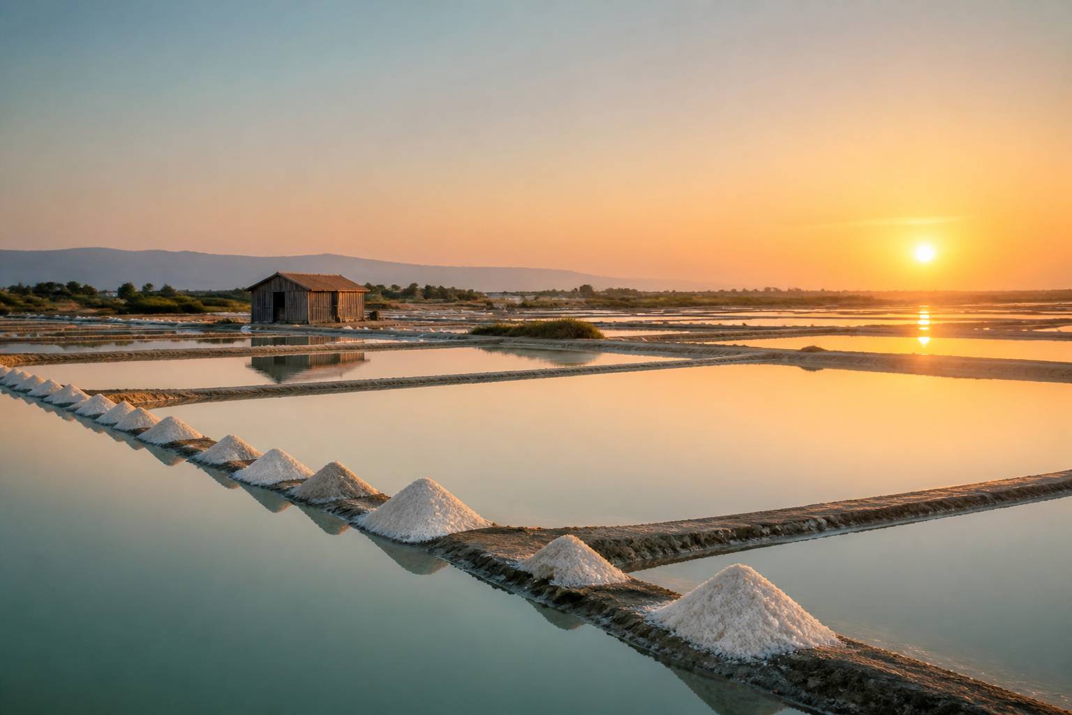 Marais salants aux reflets dorés avec tas de sel blanc et cabane en bois