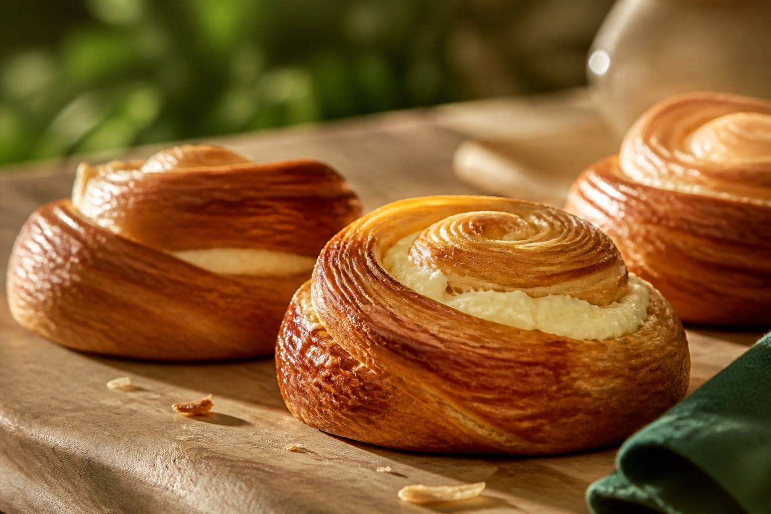Gros plan sur des spirales dorées garnies de crème