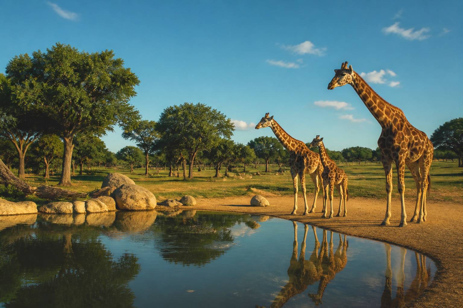 Famille de girafes prĂšs d'un point d'eau dans un parc animalier