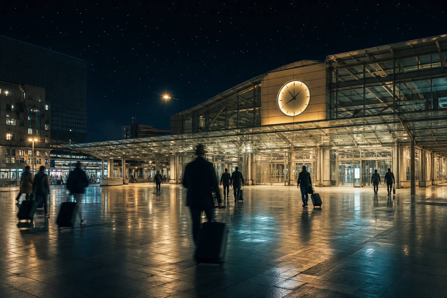 Parvis de gare éclairé la nuit avec des voyageurs munis de valises