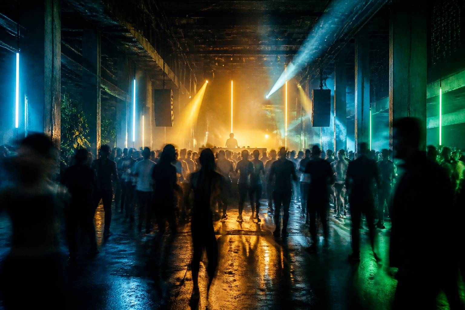 Piste de danse avec silhouettes floues en mouvement et jeux de lumière colorés