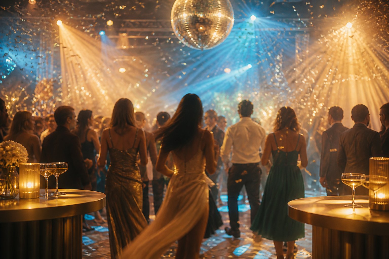 Piste de danse de réveillon avec faisceaux lumineux et confettis
