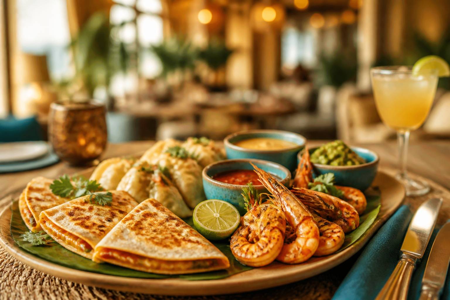 Plateau de quesadillas et gambas grillées dans un restaurant chaleureux