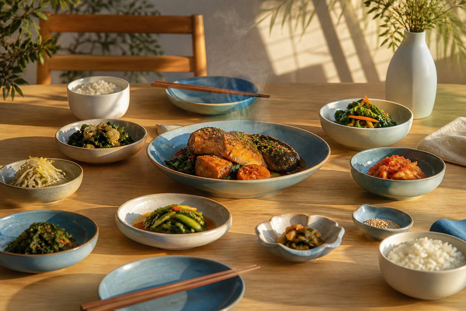 Plats coréens avec bols de banchan et saumon braisé
