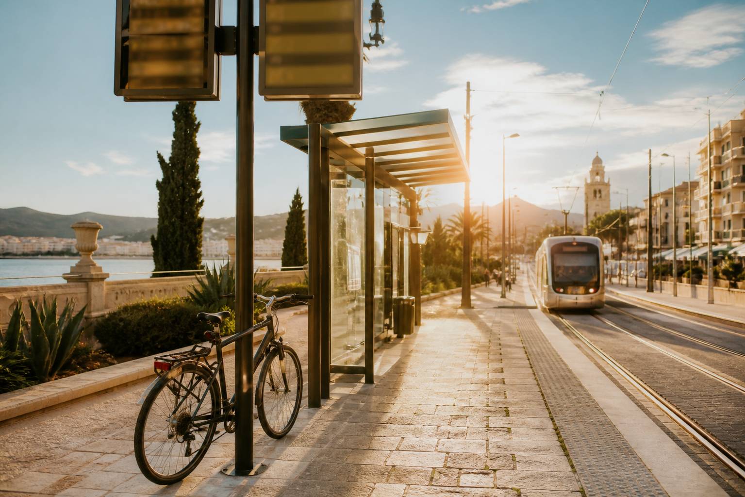 Quai de tramway avec écran d'horaires flou et vélo appuyé