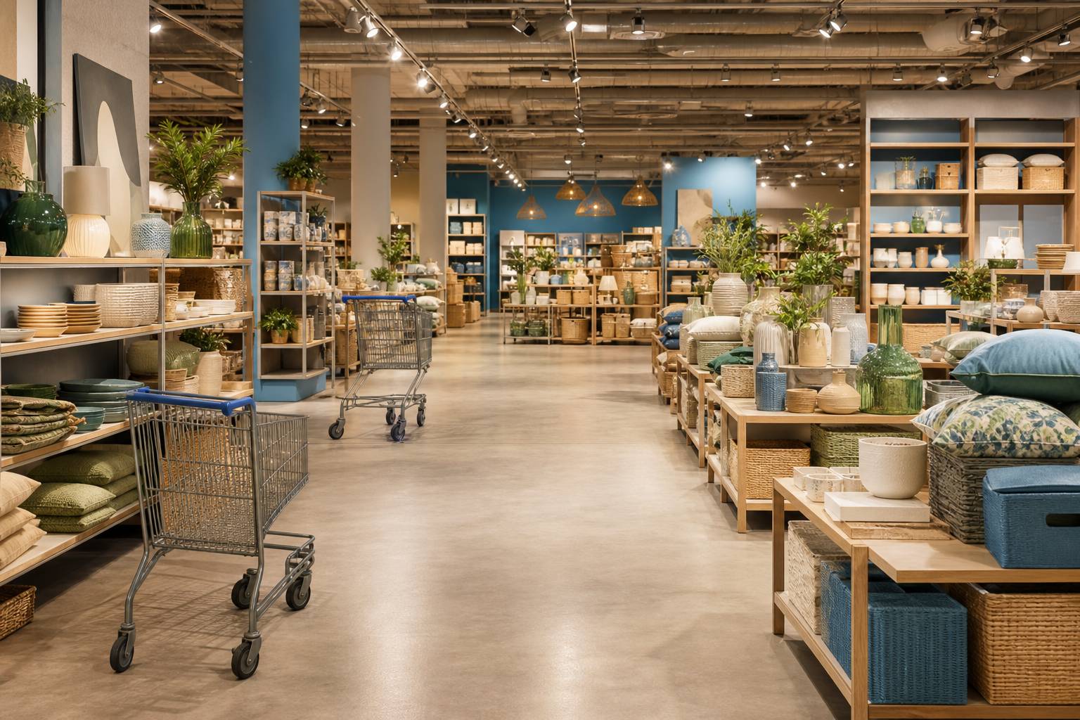 Rayon de magasin discount avec produits de maison sur des étagères