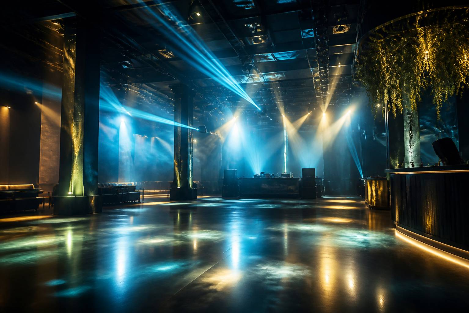 Salle de club électro avec jeux de lumières et brume légère