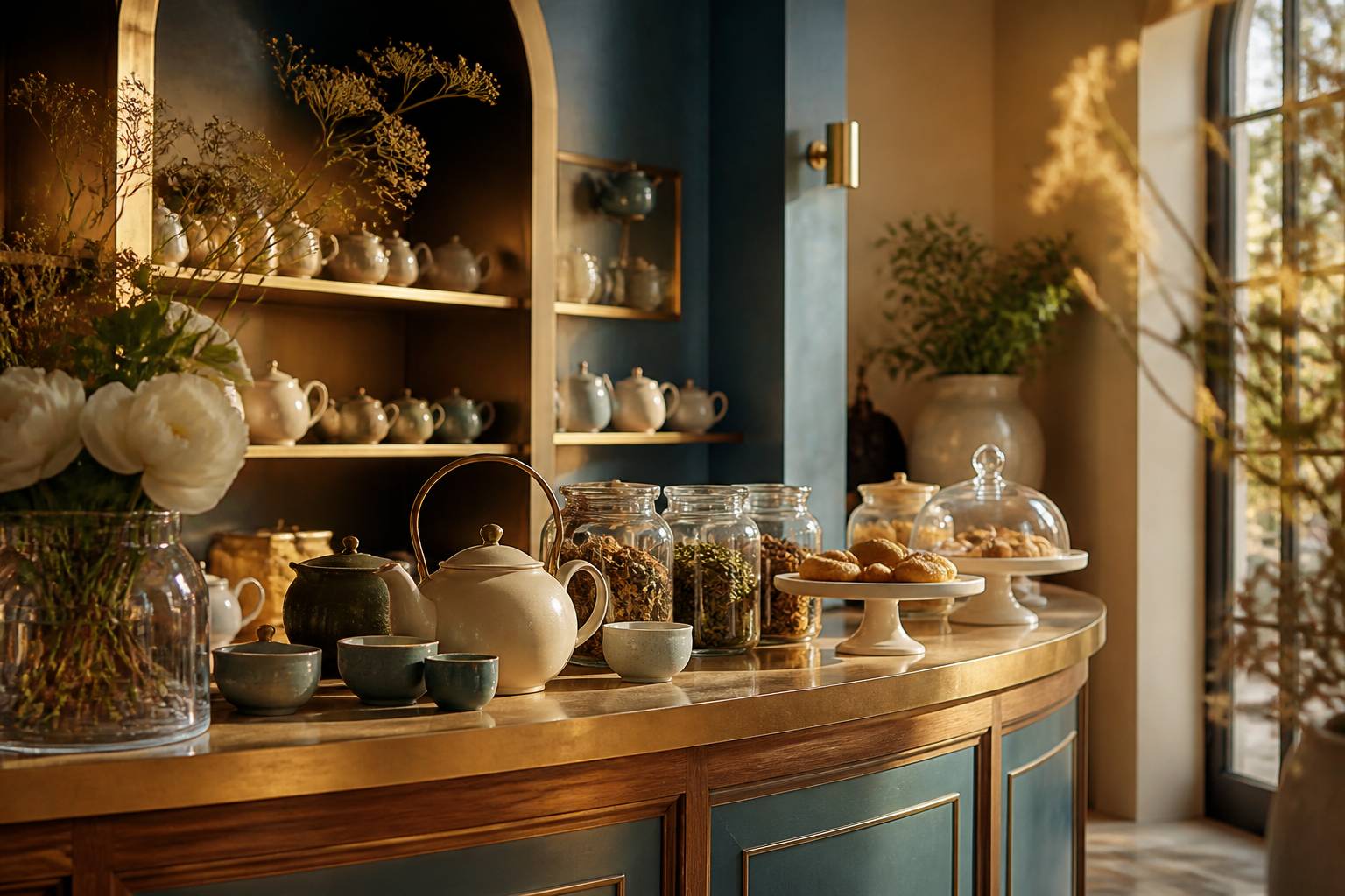 Comptoir de salon de thé avec théière et pâtisseries maison