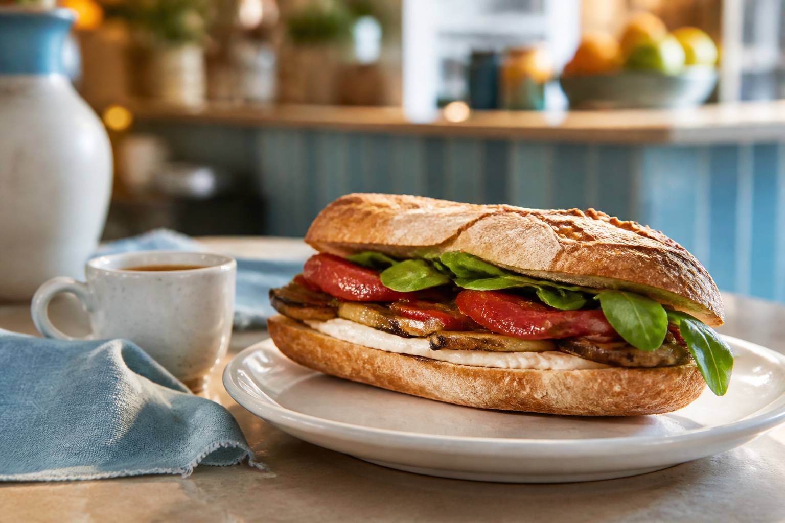 Sandwich généreux garni avec un café serré sur un comptoir